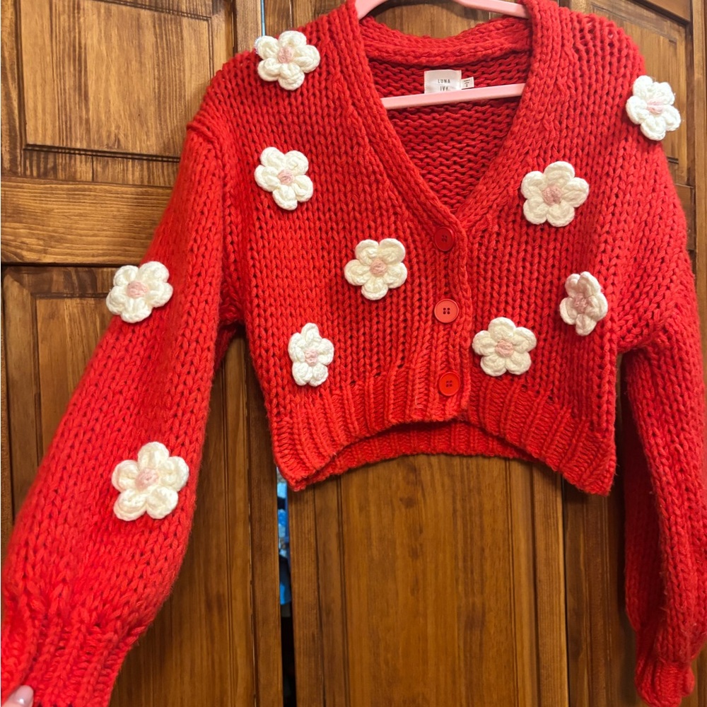 Luna Ivy Cozy Red Floral Knit Cardigan - Picture 3 of 7
